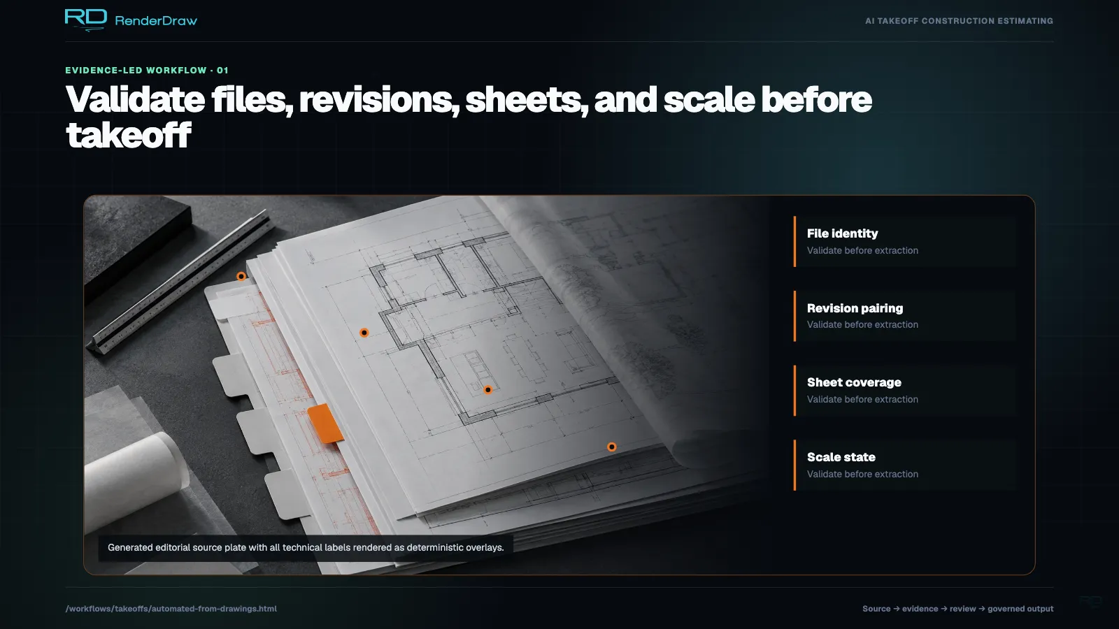 Editorial plan stack with deterministic callouts for file identity, revision pairing, sheet coverage, and scale state