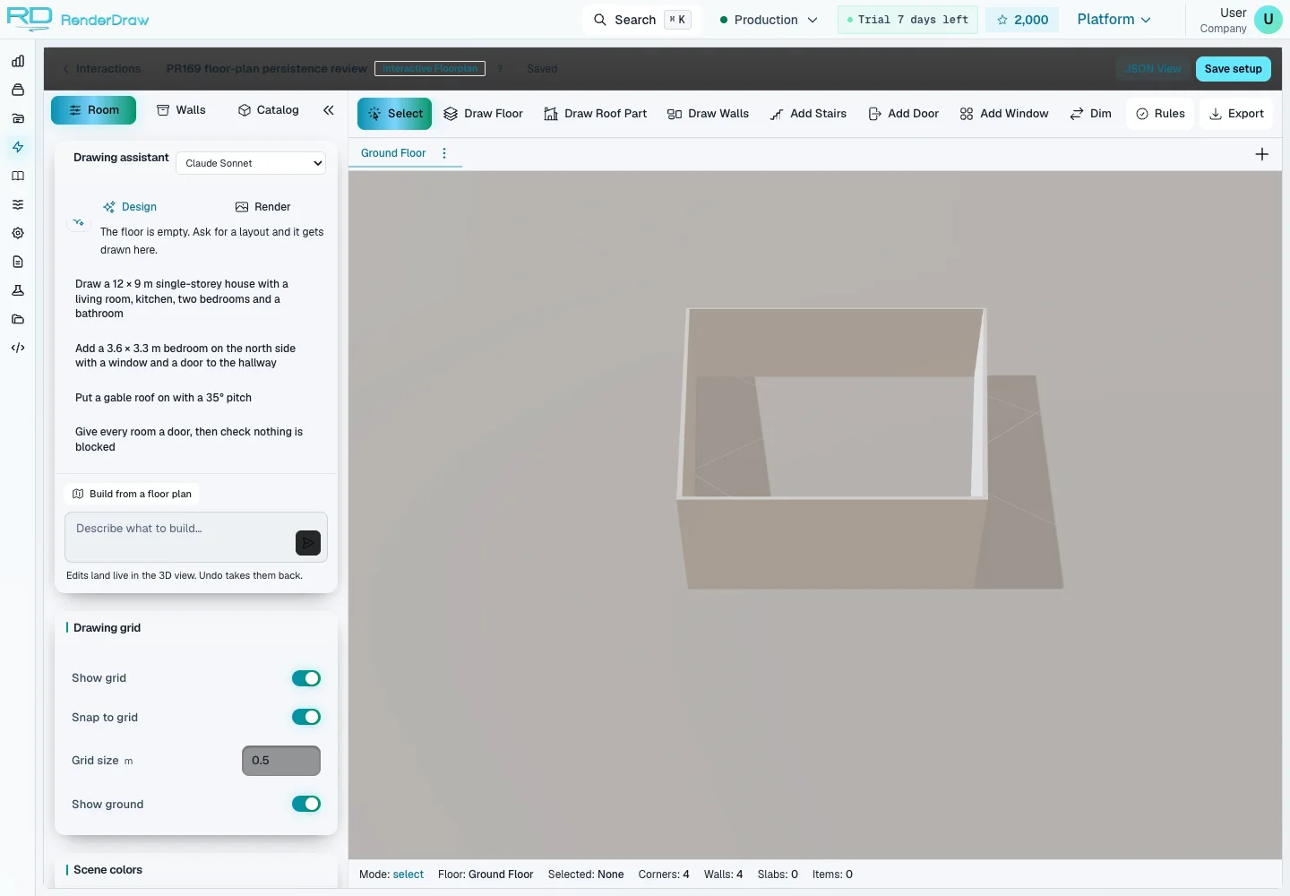 Actual RD Platform floorplan editor showing room tools, drawing grid controls and an editable room