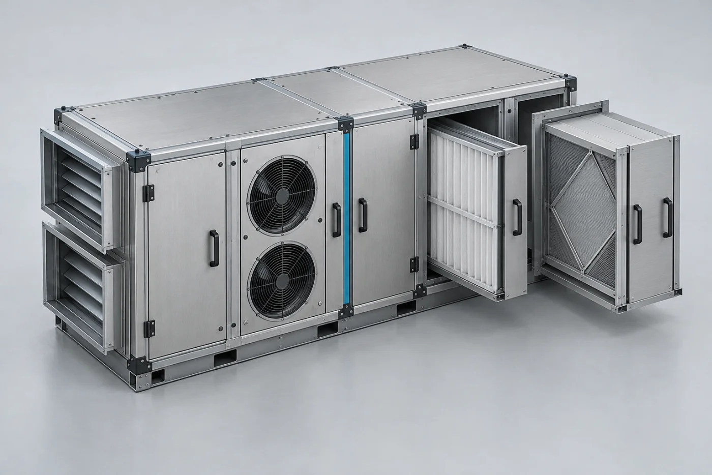 Illustrative modular air-handling unit with removable filter and heat-exchange modules