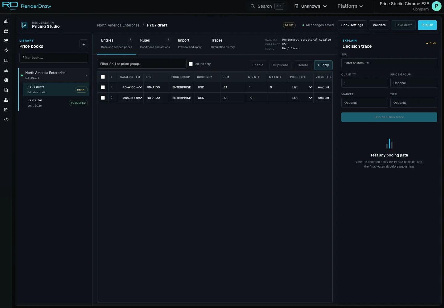 Actual RD Platform Pricing Studio entries screen