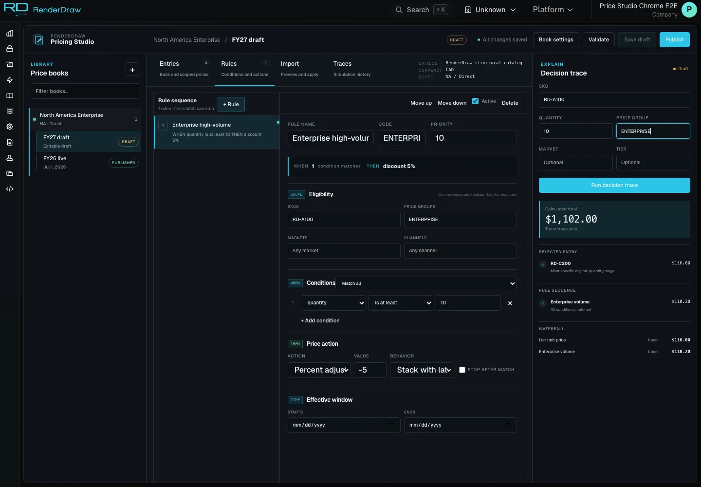 Actual Pricing Studio rules and decision trace capture with example data