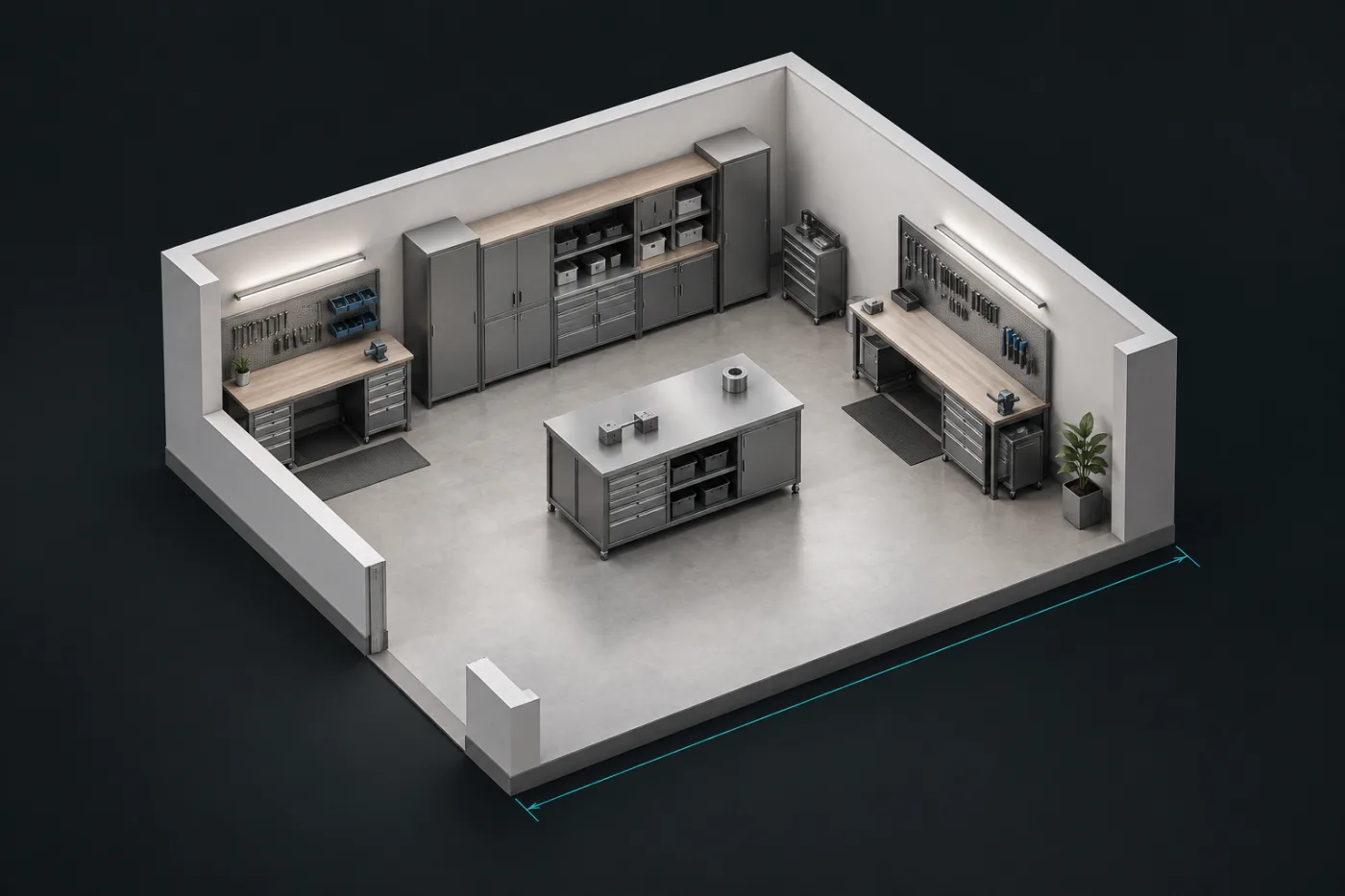 Illustrative isometric workshop with room walls, modular equipment and an open central work area