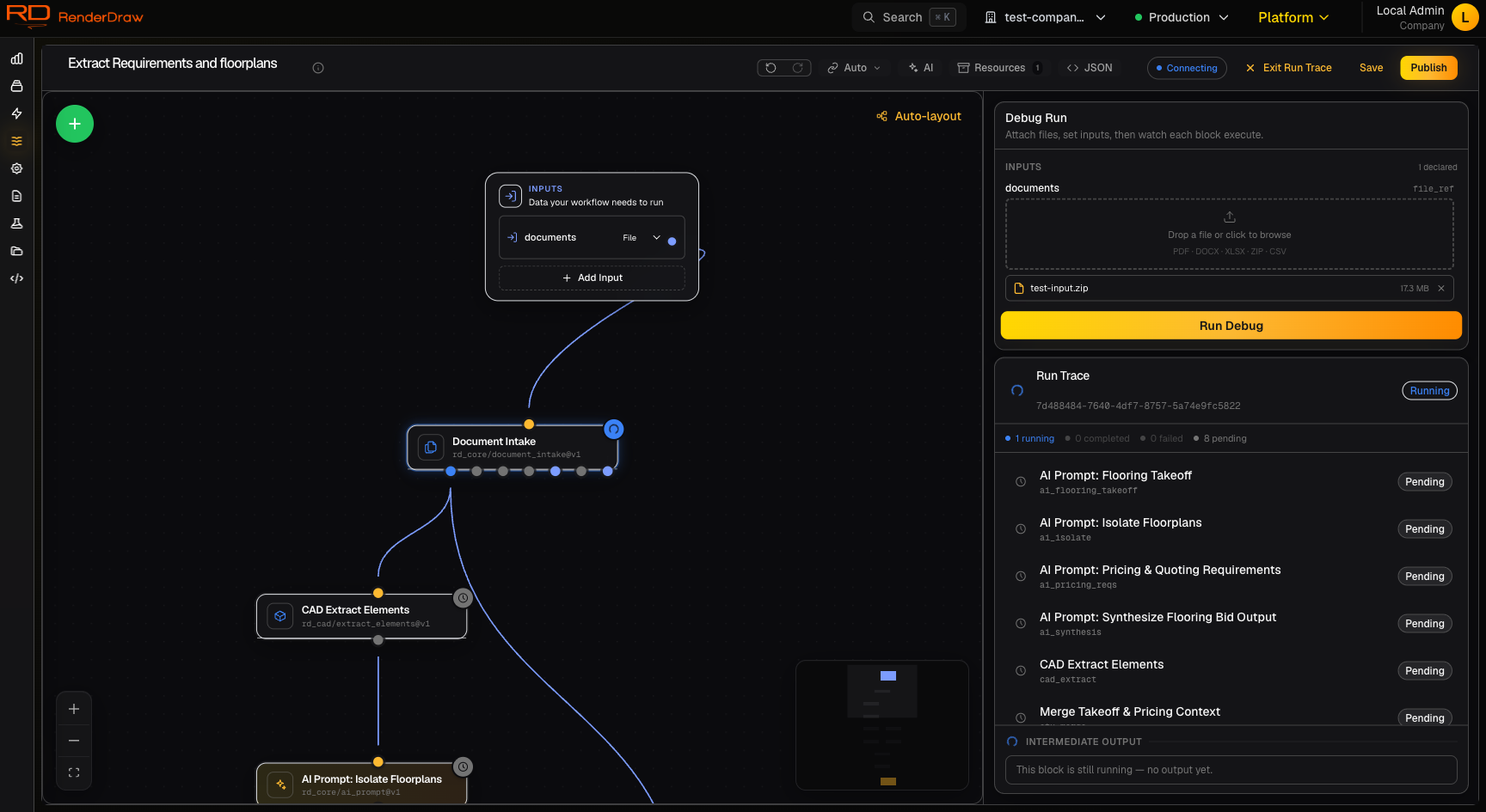 RenderDraw workflow run trace: a workflow graph on the left with a Debug Run panel on the right listing each step (AI Prompt: Floor Plan Takeoff, CAD Extract Elements, Merge Takeoff and Pricing Context) with pending/running status.